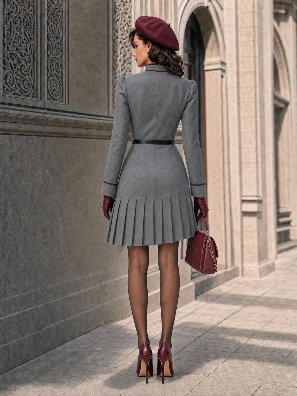 Vintage Contrast Piping Stand Collar Pleated Midi Dress