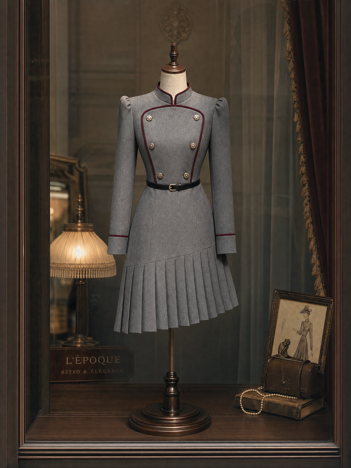Vintage Contrast Piping Stand Collar Pleated Midi Dress