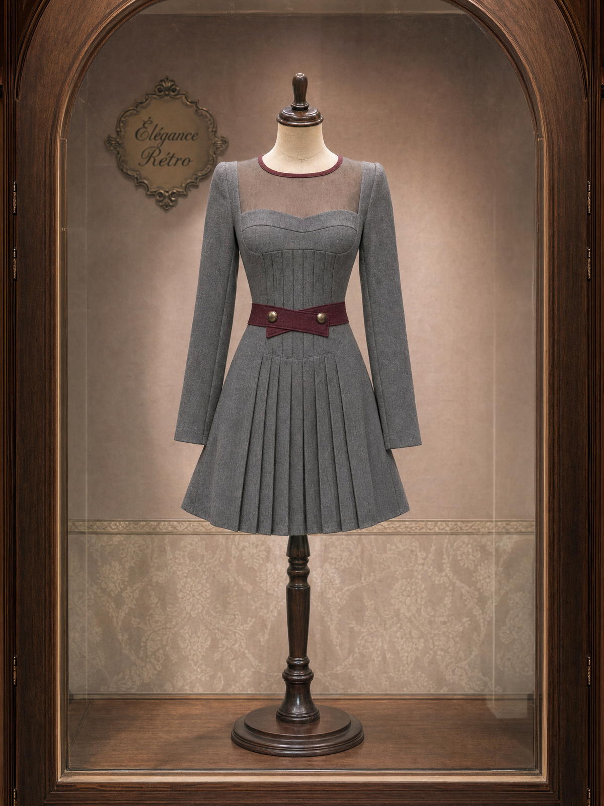 Vintage Contrast Color Mesh Spliced Pleated Mini Dress