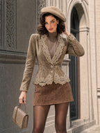 Vintage Faux Suede Lace Spliced Blazer & MiniSkirt Set
