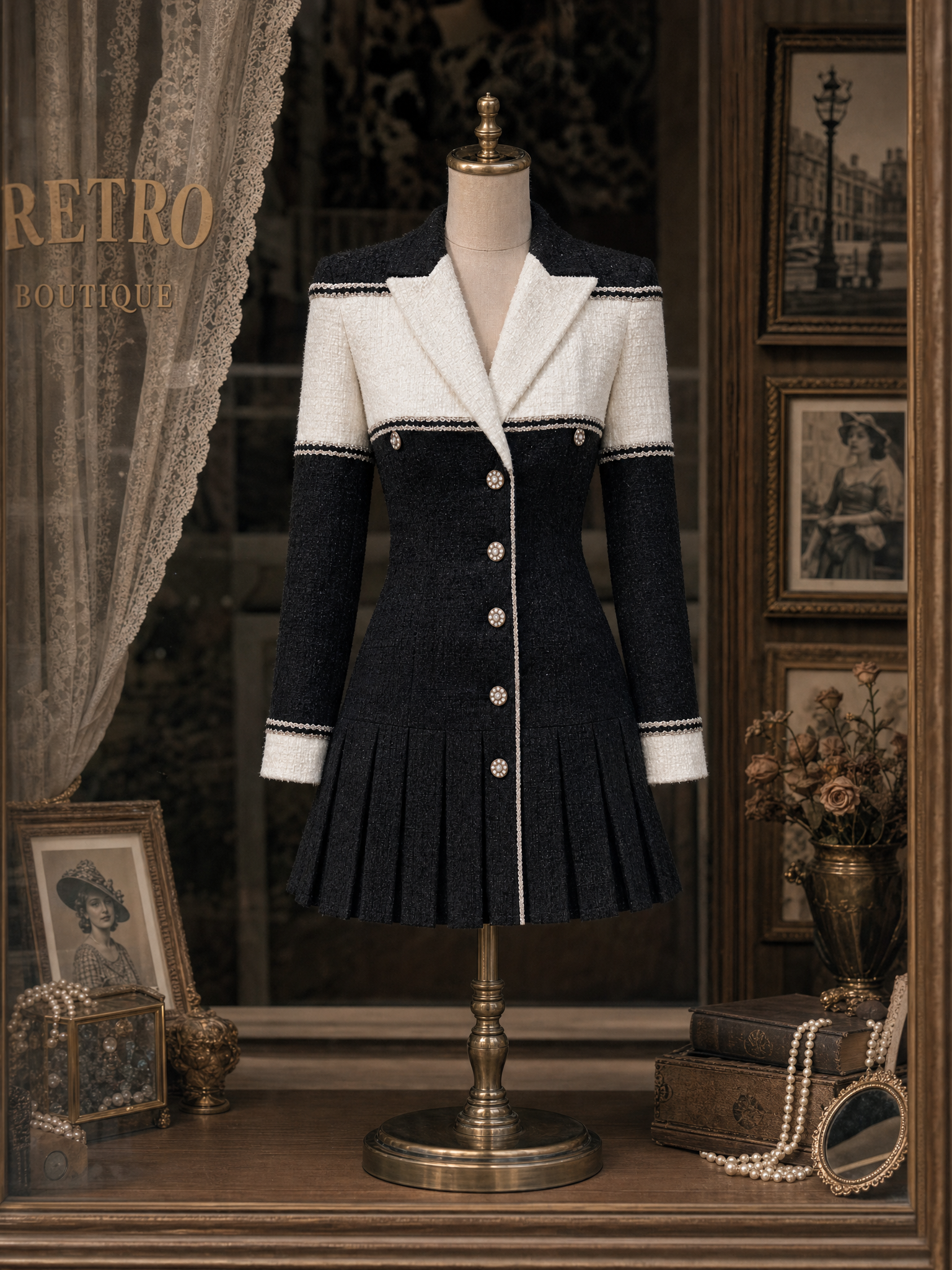Vintage Contrast Spliced Tweed Pleated Dress Blazer