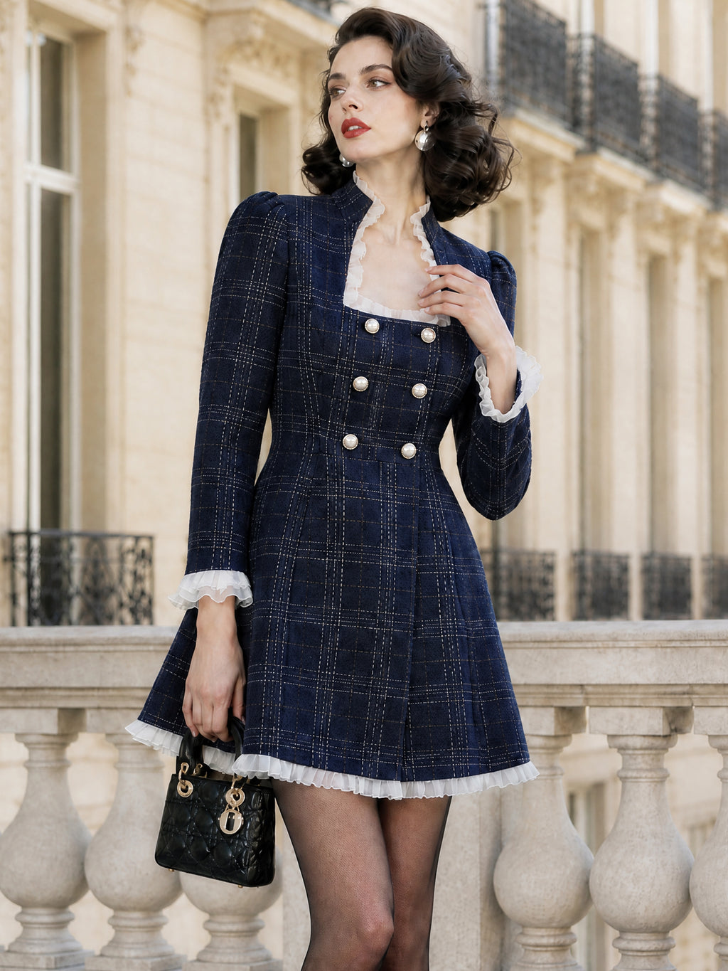 Vintage Navy Plaid Ruffle-Trim Pearl-Button Mini Dress
