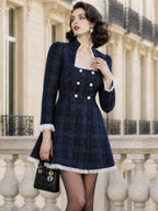 Vintage Navy Plaid Ruffle-Trim Pearl-Button Mini Dress