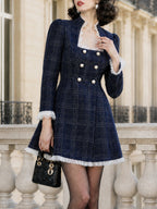 Vintage Navy Plaid Ruffle-Trim Pearl-Button Mini Dress