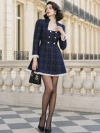 Vintage Navy Plaid Ruffle-Trim Pearl-Button Mini Dress