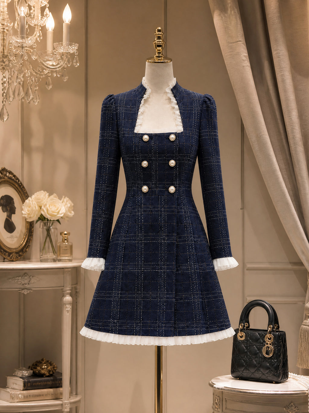 Vintage Navy Plaid Ruffle-Trim Pearl-Button Mini Dress
