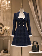 Vintage Navy Plaid Ruffle-Trim Pearl-Button Mini Dress