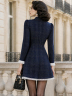 Vintage Navy Plaid Ruffle-Trim Pearl-Button Mini Dress