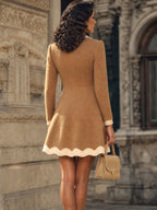 Vintage Camel Cream-Collar Gold-Button Wool A-Line Dress