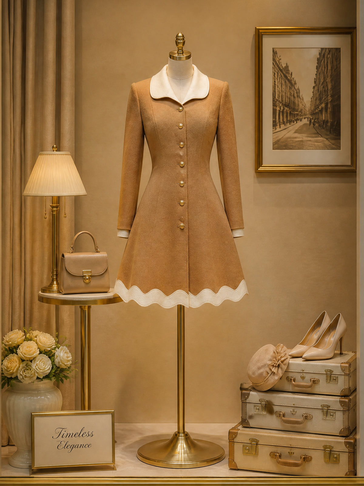 Vintage Camel Cream-Collar Gold-Button Wool A-Line Dress
