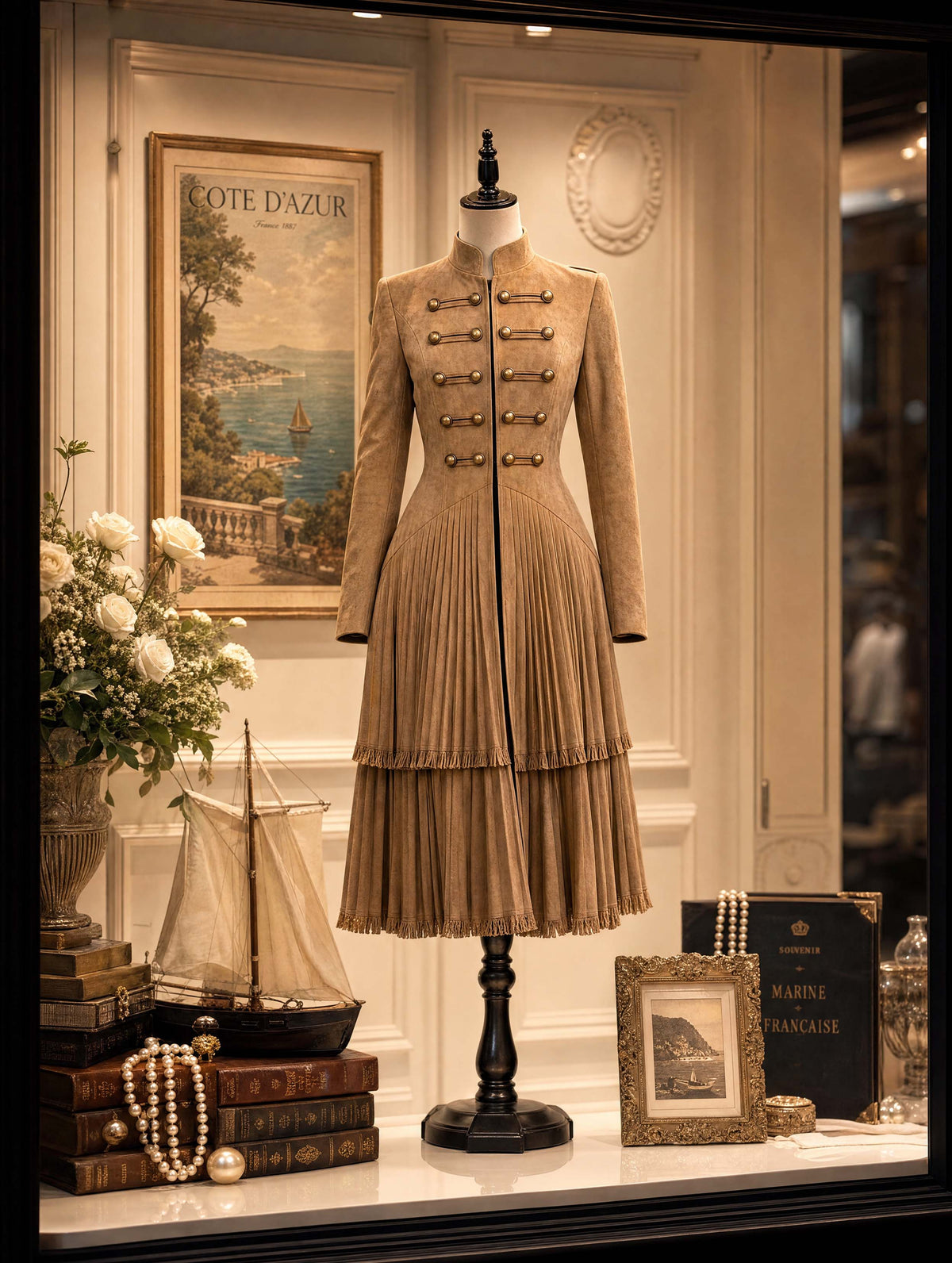 Retro Military Fringe Pleated Midi Coat Dress
