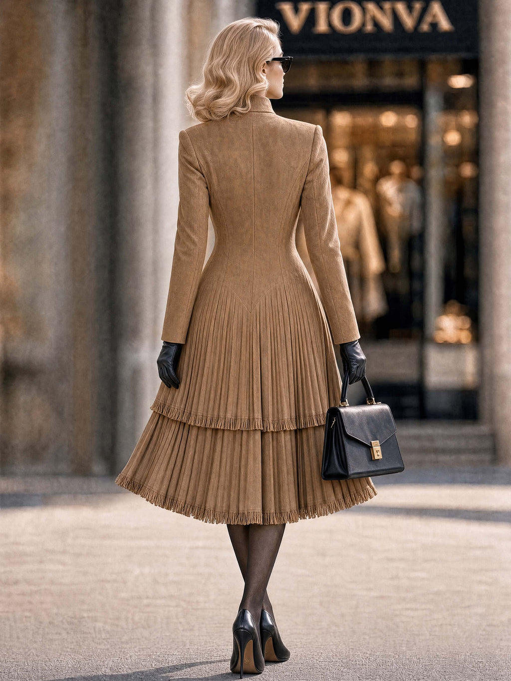 Retro Military Fringe Pleated Midi Coat Dress