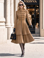 Retro Military Fringe Pleated Midi Coat Dress