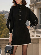 Vintage Black Cream-Trim Pearl-Button Faux Suede Shift Dress