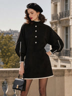 Vintage Black Cream-Trim Pearl-Button Faux Suede Shift Dress