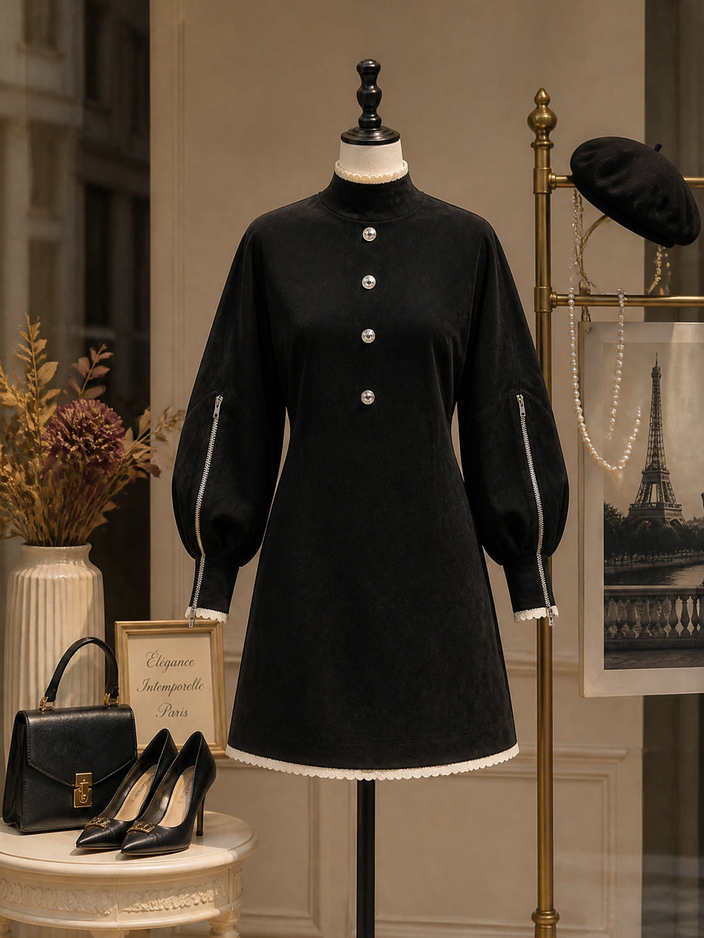 Vintage Black Cream-Trim Pearl-Button Faux Suede Shift Dress