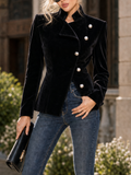 Vintage Black Velvet Stand Collar Asymmetric Double Breasted Slim Jacket