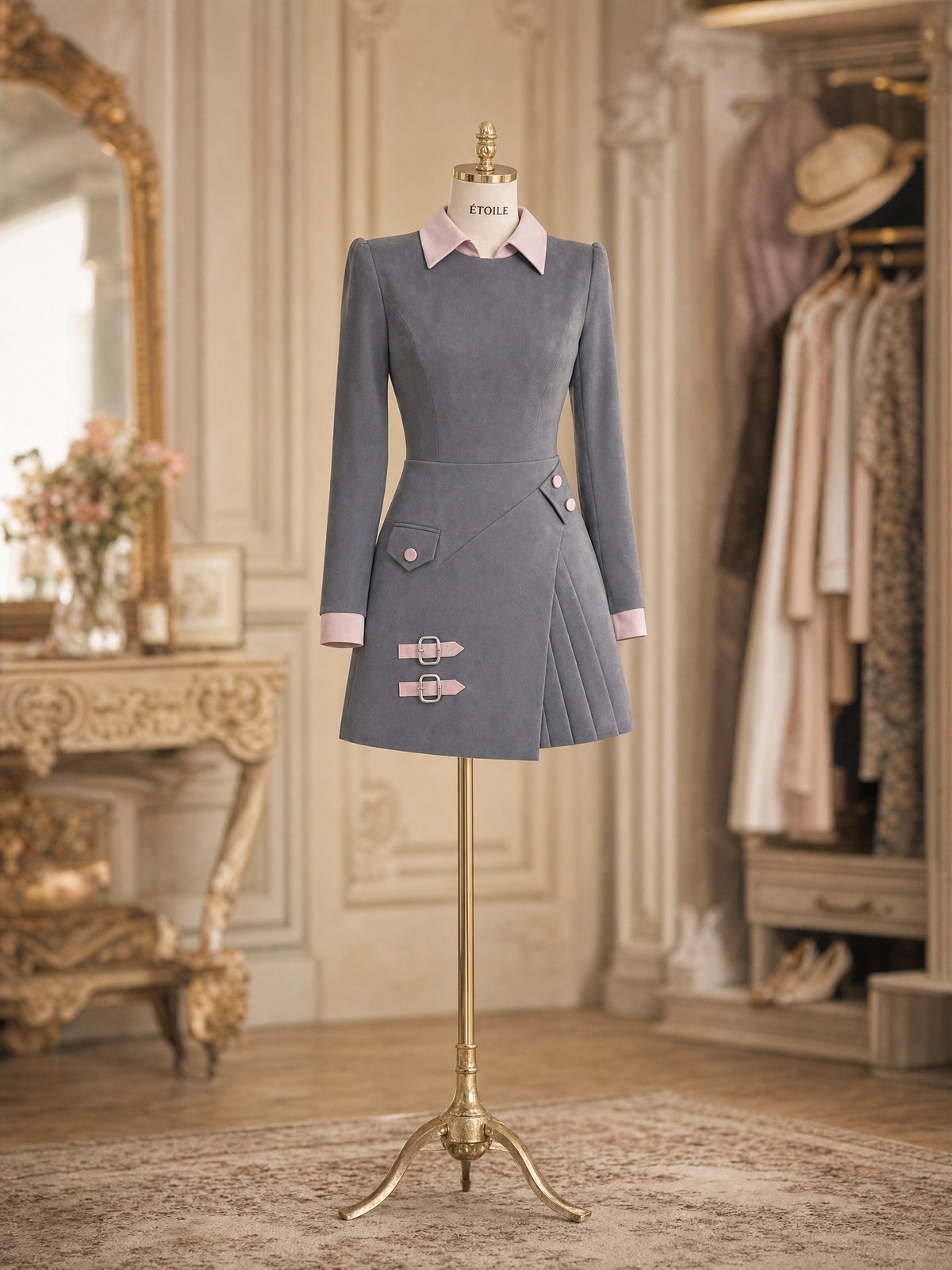 Vintage Grey Contrast Collar Buckle Pleated Wrap Mini Dress