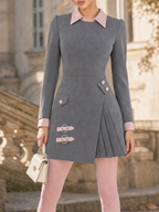 Vintage Grey Contrast Collar Buckle Pleated Wrap Mini Dress