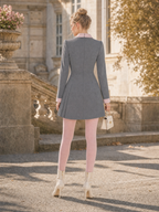 Vintage Grey Contrast Collar Buckle Pleated Wrap Mini Dress