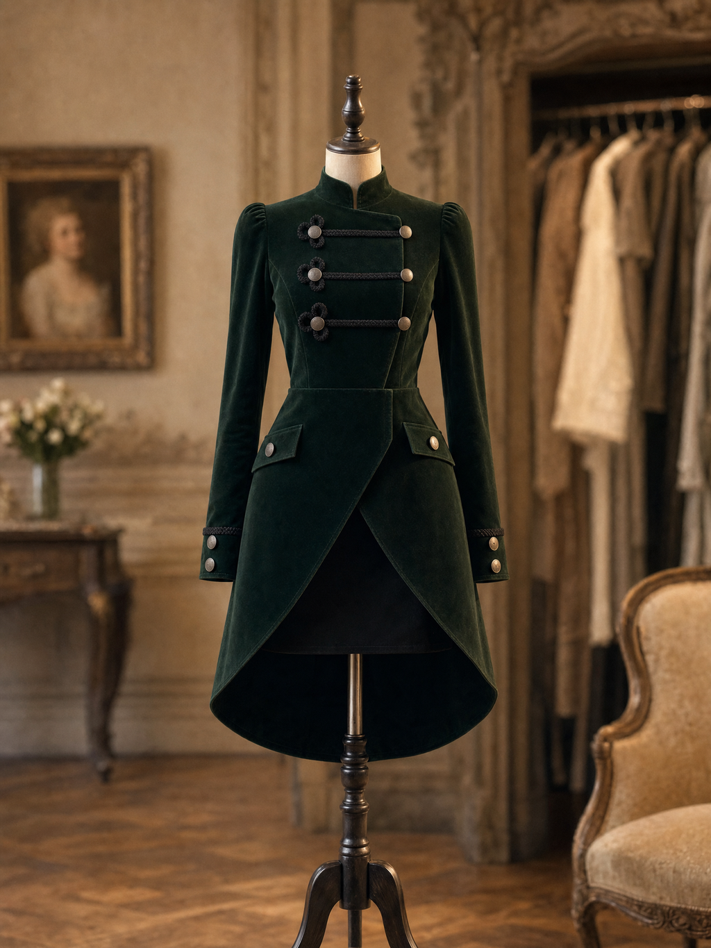 Vintage Dark Green Velvet Stand Collar Double Breasted Irregular Mini Dress