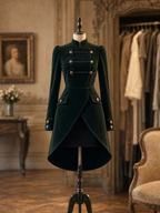 Vintage Dark Green Velvet Stand Collar Double Breasted Irregular Mini Dress