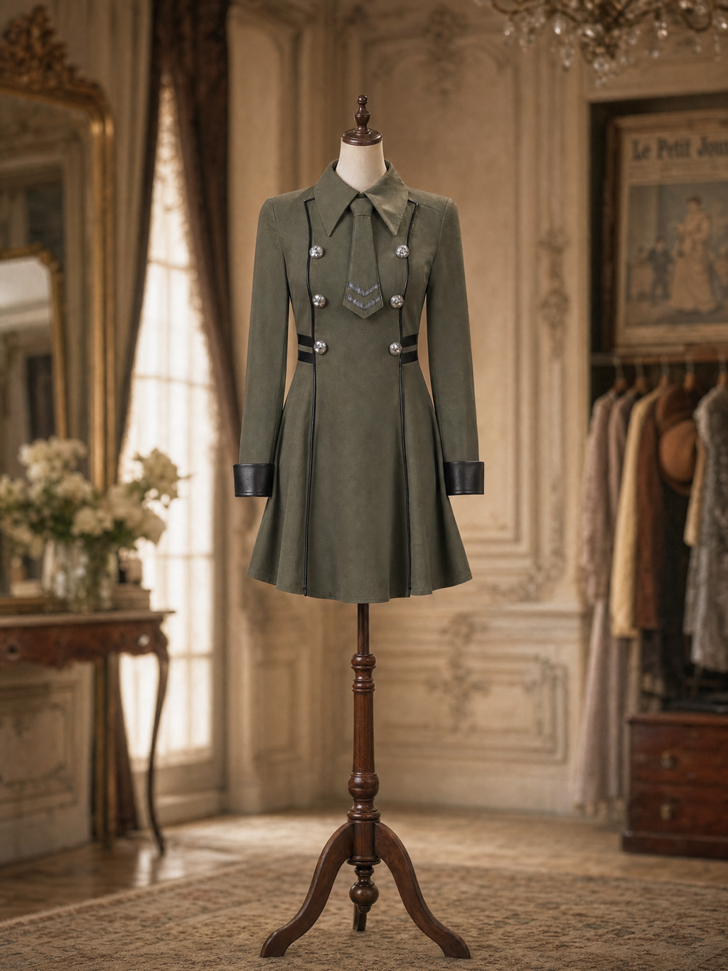 Vintage Army Green Faux Suede Long Sleeve Flare Mini Dress