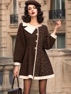 Vintage Brown Leopard Cream-Trim Pearl-Button Wool Dress