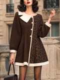 Vintage Brown Leopard Cream-Trim Pearl-Button Wool Dress