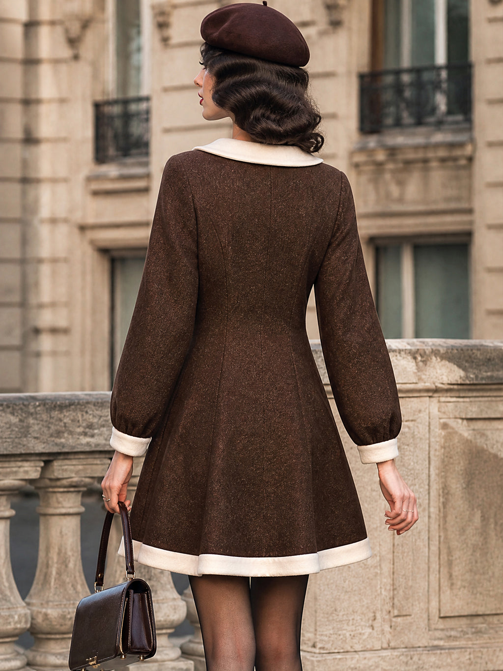 Vintage Brown Leopard Cream-Trim Pearl-Button Wool Dress