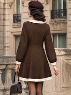 Vintage Brown Leopard Cream-Trim Pearl-Button Wool Dress