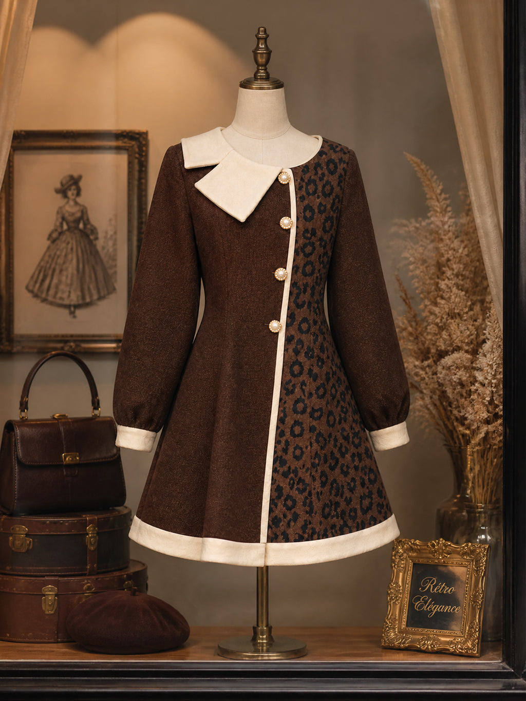 Vintage Brown Leopard Cream-Trim Pearl-Button Wool Dress