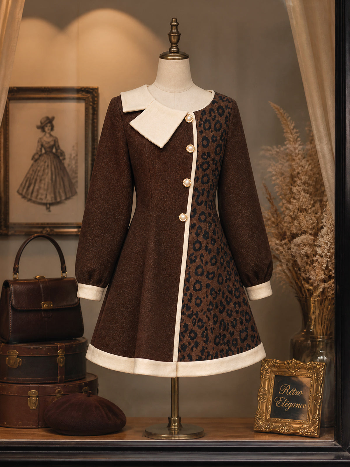 Vintage Brown Leopard Cream-Trim Pearl-Button Wool Dress