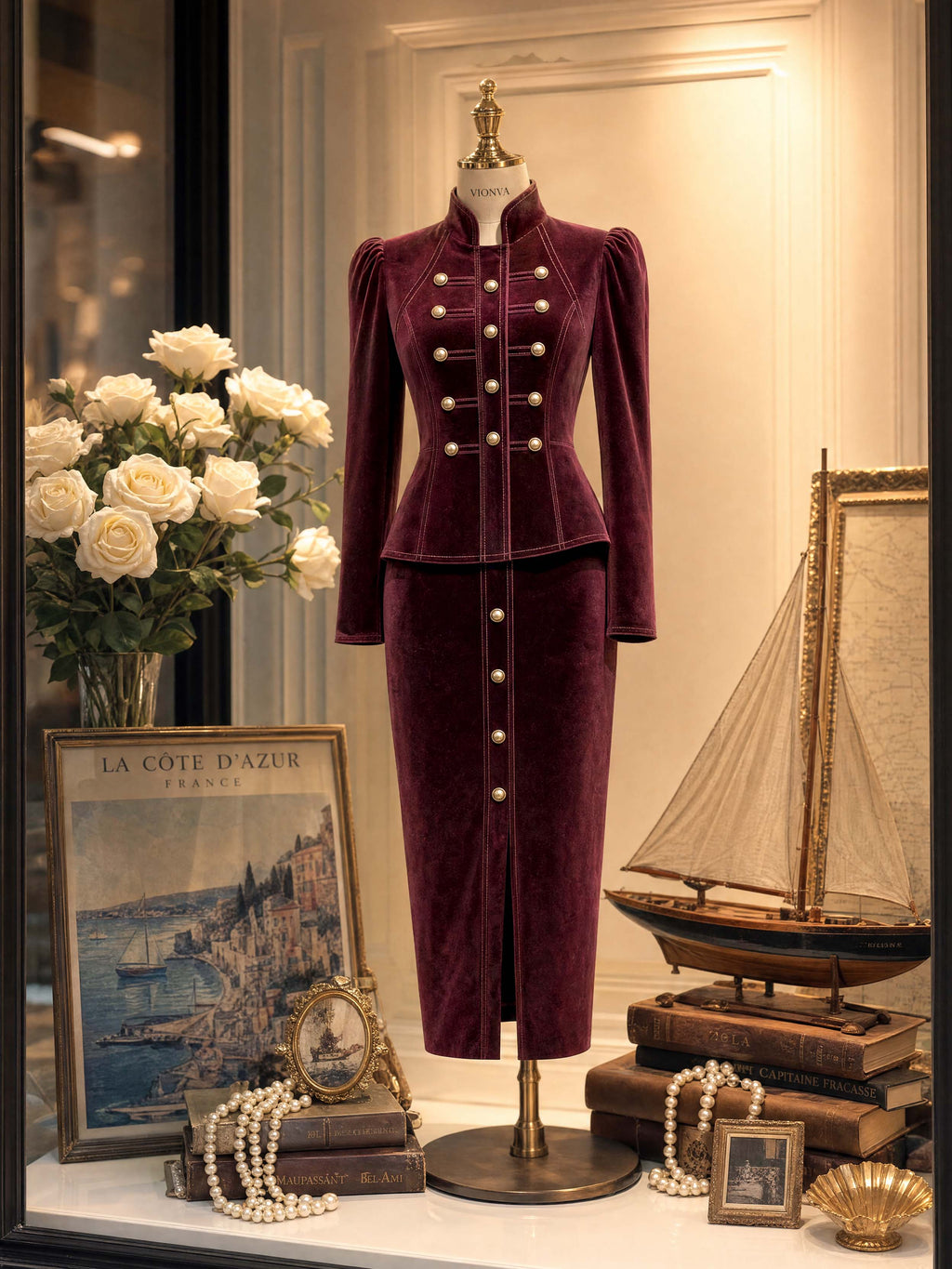 Vintage Burgundy Velvet Military Cropped Jacket