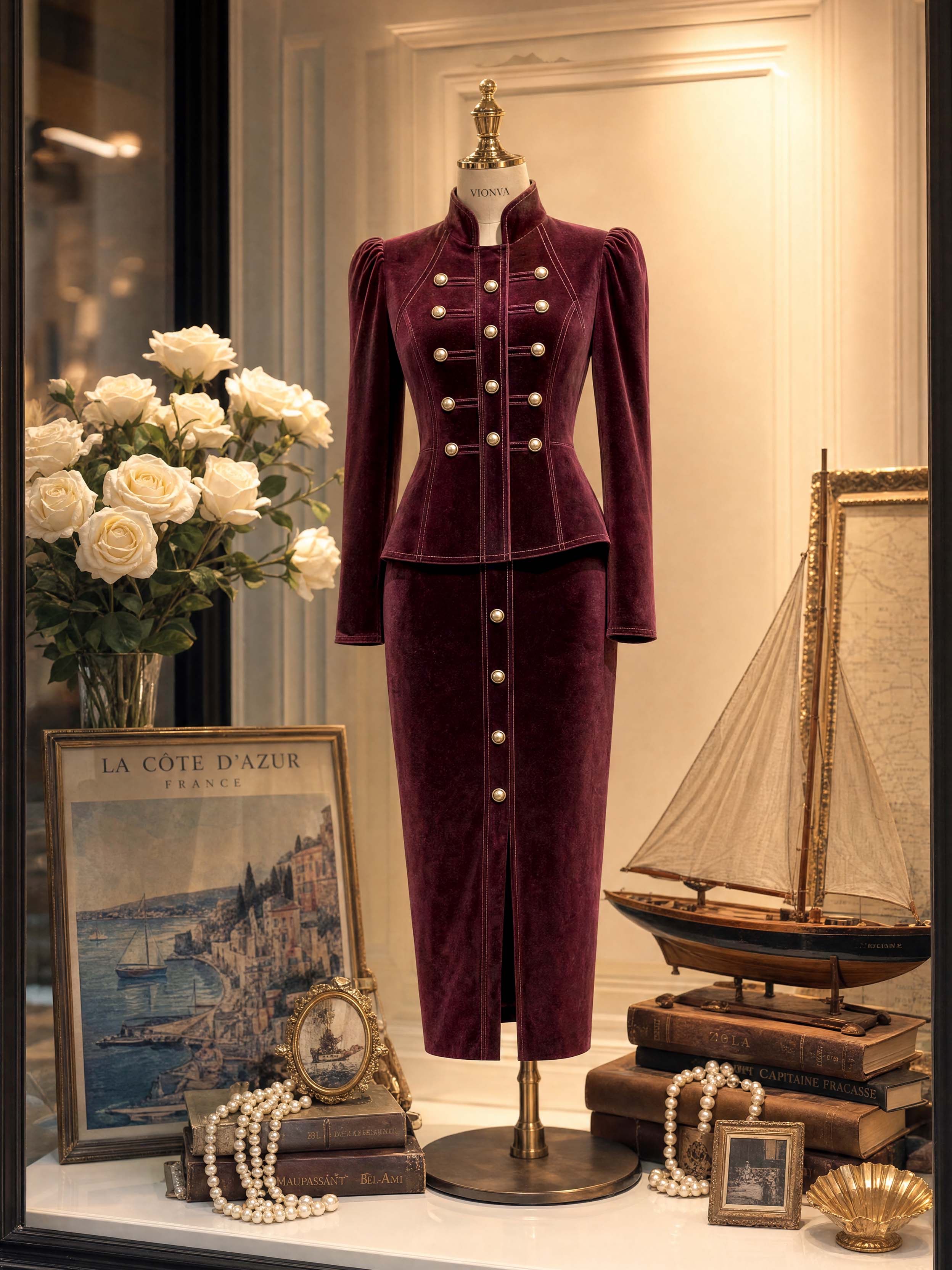 Vintage Burgundy Velvet Military Cropped Jacket