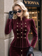 Vintage Burgundy Velvet Military Cropped Jacket