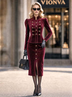 Vintage Burgundy Velvet Military Cropped Jacket
