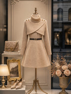 Vintage Camel Turtleneck Capelet Belted Wool A-Line Dress