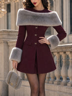 Vintage Burgundy Faux-Fur Collar Bow-Button Mini Dress