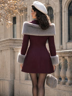 Vintage Burgundy Faux-Fur Collar Bow-Button Mini Dress