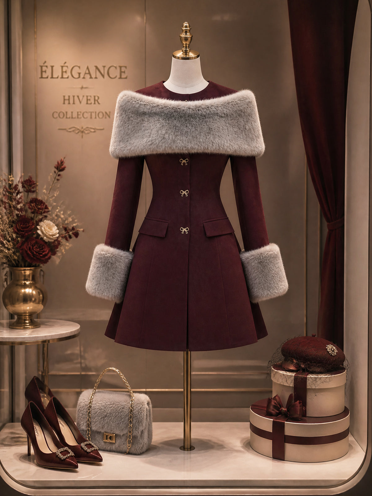 Vintage Burgundy Faux-Fur Collar Bow-Button Mini Dress