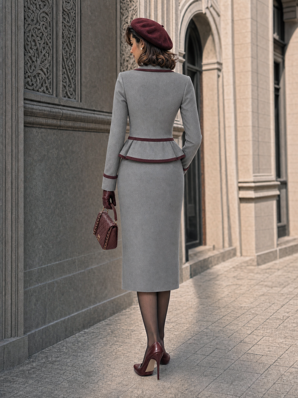 Vintage Contrast Color Woolen Blazer & Midi Skirt Set