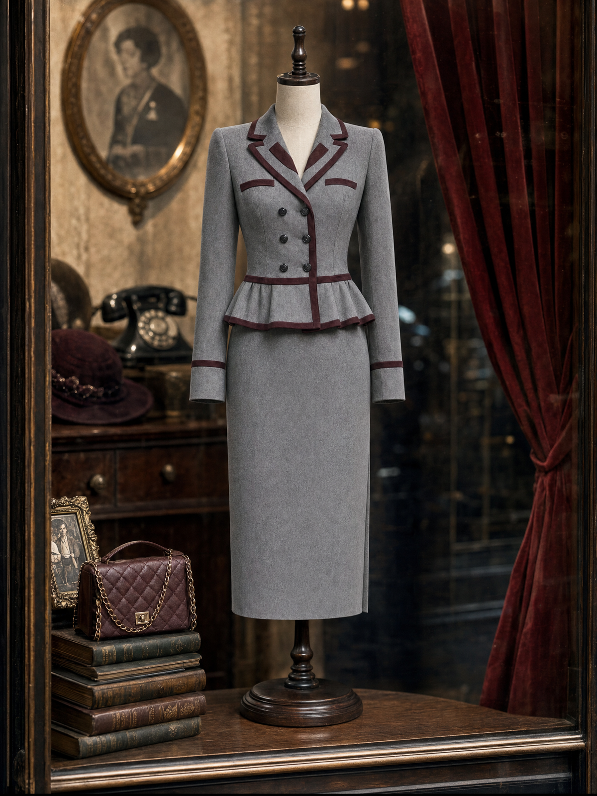 Vintage Contrast Color Woolen Blazer & Midi Skirt Set