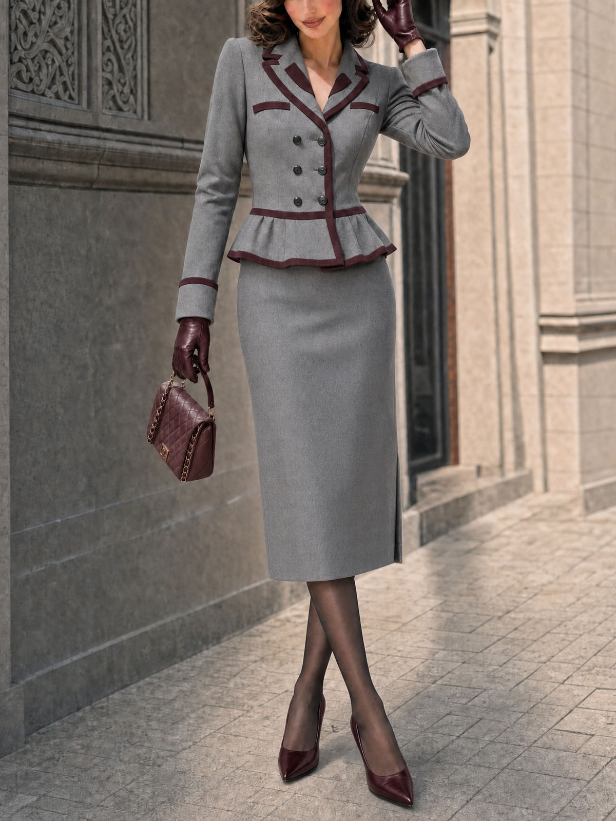 Vintage Contrast Color Woolen Blazer & Midi Skirt Set
