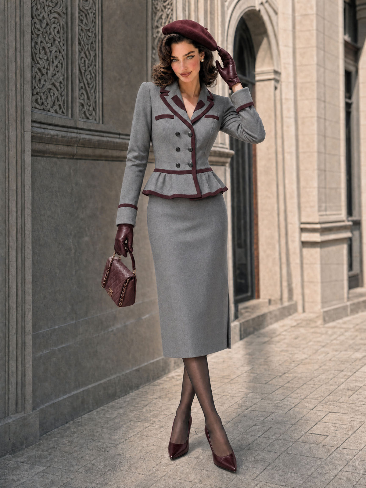 Vintage Contrast Color Woolen Blazer & Midi Skirt Set