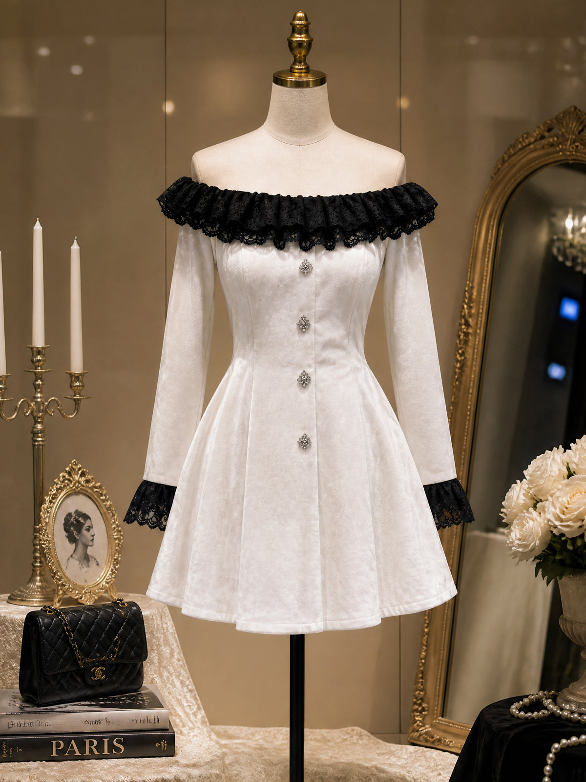 Vintage Lace-Trim Off-Shoulder Velvet Mini Dress