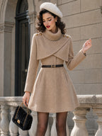 Vintage Camel Turtleneck Capelet Belted Wool A-Line Dress