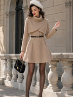Vintage Camel Turtleneck Capelet Belted Wool A-Line Dress