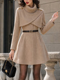 Vintage Camel Turtleneck Capelet Belted Wool A-Line Dress