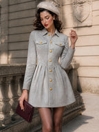 Vintage Gold-Button Faux Suede Pleated Shirt Dress